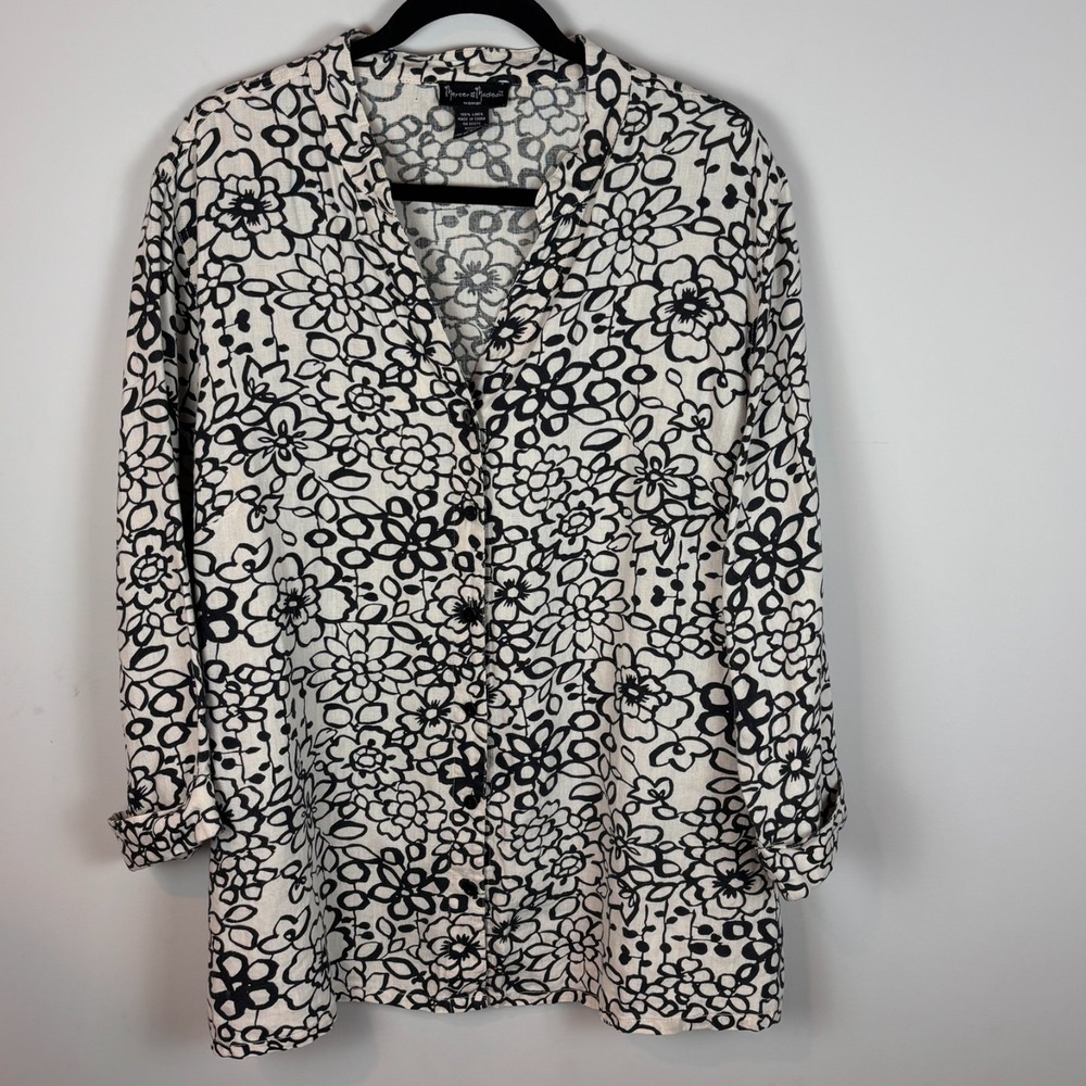 Mercer & Madison 100% Linen Black White Floral Womens Button up Top 2X Workwear